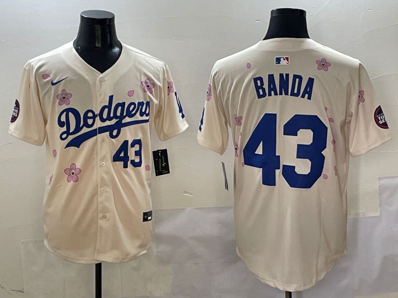 Men Los Angeles Dodgers #43 Banda Cream White Blue Sakura Edition 2025 Nike MLB Jersey style 4